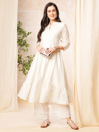 Globus Women Off White Mandarin Collar Sequinned Silver Foil Print Panelled Anarkali Kurta