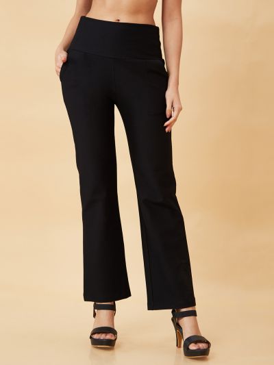 Globus Women Black Stretchable High Waist Workwear Treggings With Pockets