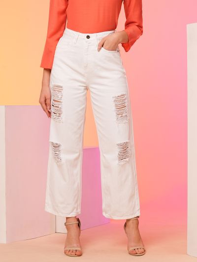 Globus Women White Boyfriend Fit Mid Rise Highly Distressed Jeans