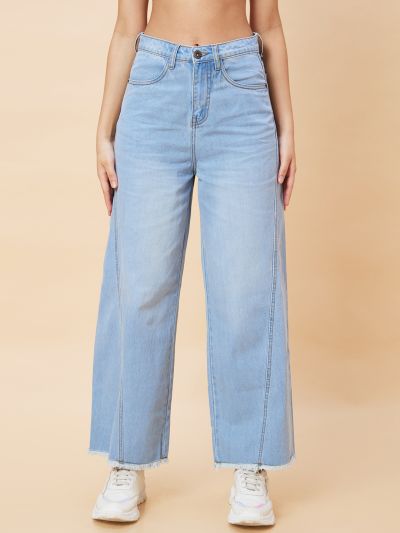 Globus Women Light Blue Stretchable Mid-Rise Wide Leg Frayed Jeans