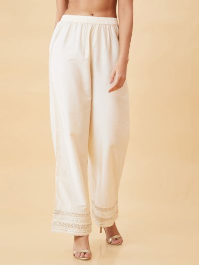 Globus Women Off-White Lace Hem Design Elasticated Waist Straight Palazzos