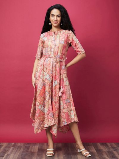 Globus Women Coral Floral Patch Print Asymmetric Hem A-Line Midi Dress With Tassel Belt