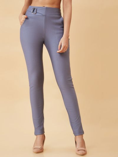 Globus Women Steel Grey Stretchable Slim Fit Flat Front Workwear Treggings With Pockets