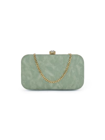 Globus Women Green Textured Rectangular Party Clutch With Detachable Chain Strap