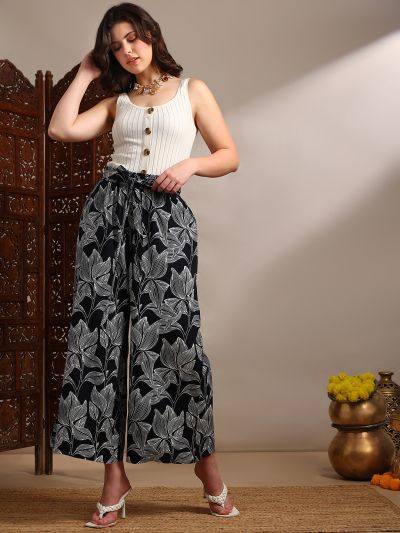 Globus Women Black Allover Floral Printed High-Rise Belted Wide Leg Trouser