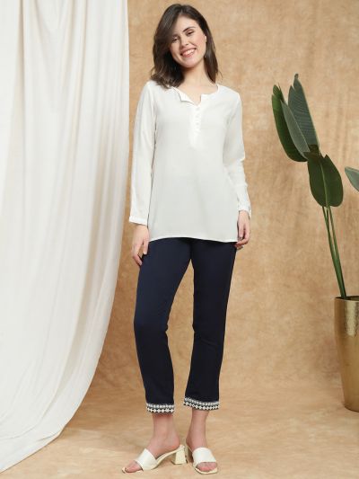 Globus Women Navy Blue High Rise Embroidered Hem Detail Straight Fit Cigarette Pants