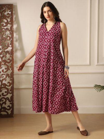 Globus Women Burgundy Floral Print V-Neck Back Twisted Knot Style Flared Hem A-Line Midi Dress
