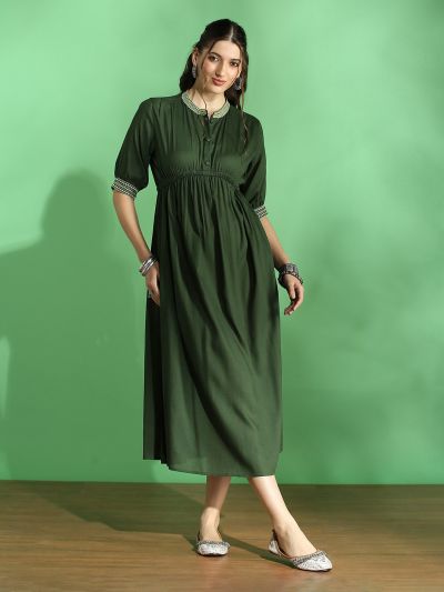 Globus Women Green Embroidered Mandarin Collar Puff Sleeve Gathered Details Fit & Flare Midi Dress