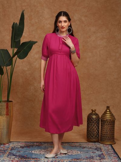 Globus Women Pink Embroidered Mandarin Collar Puff Sleeves Gathered Detail Fit and Flare Midi Dress