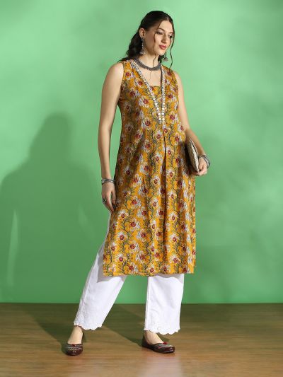Globus Women Mustard All Over Floral Print V-Neck Embroidered Woven Design Pleated Straight Kurta
