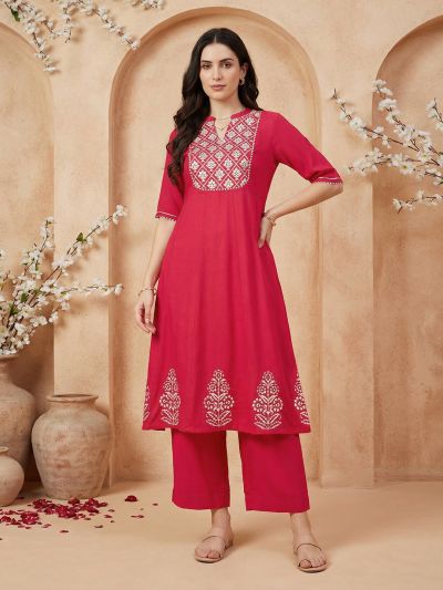 Globus Women Red Mandarin Collar Embroidered Yoke Mirror Work Gotta Patti A-Line Flared Hem Kurta with Wide Leg Pants Set