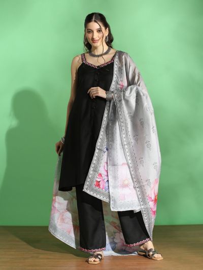 Globus Women Black Embroidered V-Neck Strappy Sleeves Front Slit Kurta With Pant & Floral Printed Dupatta Set