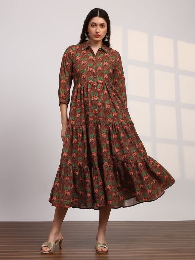 Globus Women Brown Collared Neck Tribal Print Bishop Sleeves Button Down Fit and Flare Tiered Midi Fusion Dress