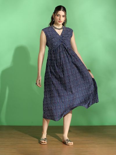 Globus Women Navy Blue Stripes Twisted V-Neck Extended Sleeves Pleated Fit & Flare Midi Fusion Dress