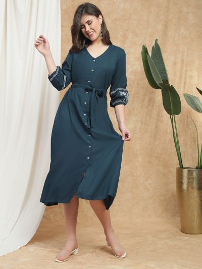 Globus Women Navy Blue V-Neck Bishop Sleeves Embroidered Detail Waist Tie-Ups Button-Down A-Line Midi Fusion Dress
