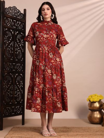 Globus Women Red High Neck Flounce Hem Sleeves Floral Print Tiered Midi A-Line Fusion Dress