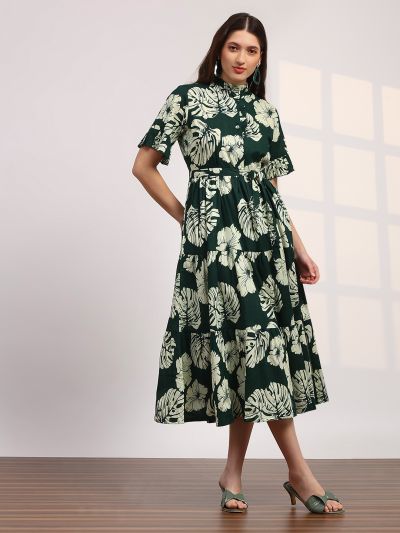 Globus Women Green Floral Print Mandarin Collar Ruffle Sleeve Waist Tie-Ups Fit and Flare Midi Fusion Dress