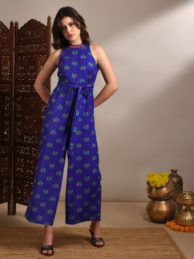 Globus Women Blue Halter Neck Embroidered Detail Tribal Print Belted Wide Flared Fusion Jumpsuit