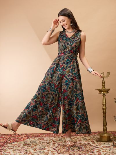 Globus Women Navy Blue Wrap V-Neck Sleeveless Tribal Print Flared Wide Leg Fusion Jumpsuit with Belt