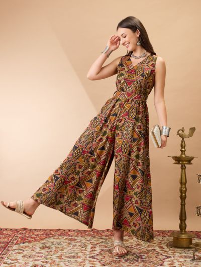 Globus Women Mustard Wrap V-Neck Sleeveless Tribal Print Flared Wide Leg Fusion Jumpsuit with Belt