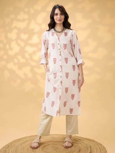 Globus Women Off White V-Neck Animal Print Bishop Sleeves Button Detail Straight Fusion Kurta