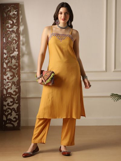 Globus Women Mustard Square Neck Embroidered Detail Strappy Sleeves Straight Kurta & Pant Fusion Set