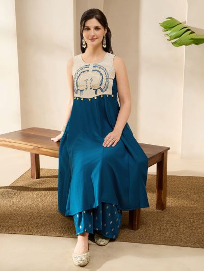 Globus Women Blue Round Neck Embroidered Yoke Coin Detail A-Line Flared Hem Kurta & Foil Printed Palazzo Set