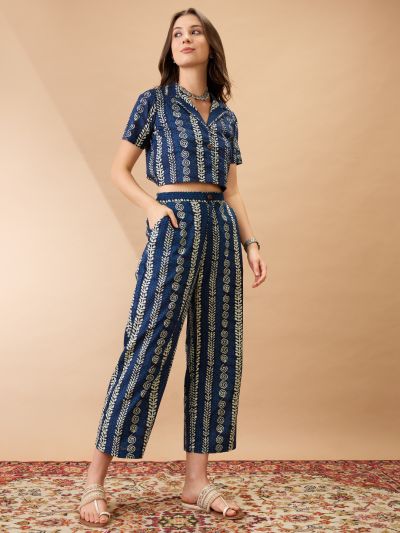 Globus Women Indigo Ethnic Print Notch Lapel Crop Shirt With Straight Pant Co-ords Set
