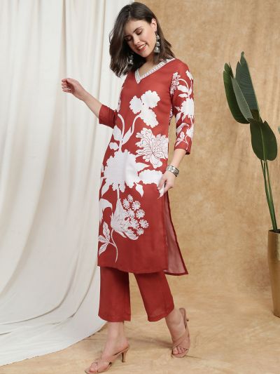 Globus Women Rust V-Neck Floral Print Lace Insert Straight Kurta & Pant Fusion Set