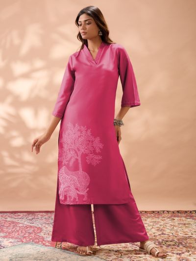Globus Women Pink Gond Animal Print V-Neck Bell Sleeves Straight Kurta & Wide Leg Pant Set