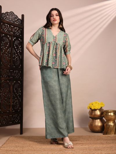 Globus Women Green Ethnic Print V-Neck Gathered Detail Tunic & Mid Rise Wide Leg Trouser Fusion Co-Ord Set