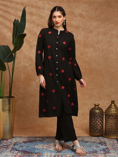 Globus Women Black Mandarin Collar Bishop Sleeves Embroidered Detail Button Down Straight Kurta With Lace Detail Pants Fusion Set