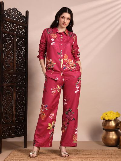 Globus Women Pink Allover Floral Collared Neck Cuff Sleeves Shirt & Mid Rise Trouser Fusion Co-Ord Set