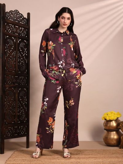 Globus Women Brown Allover Floral Collared Neck Cuff Sleeves Shirt & Mid Rise Trouser Fusion Co-Ord Set