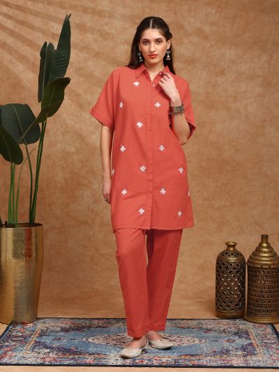 Globus Women Orange Shirt Collar Extended Sleeves Floral Embroidered Straight Kurta With Pants Fusion Set