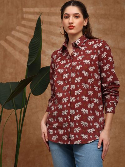 Globus Women Red Collared Neck Cuffed Sleeves Tribal Print Shirt Style Fusion Wear Tunic