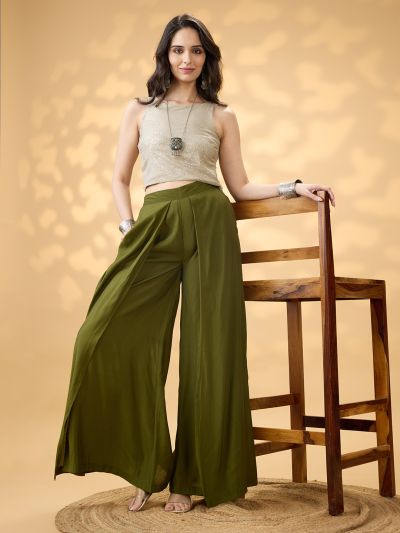 Globus Women Olive Solid High Rise Pleated Wide Leg Flared Fusion Trousers