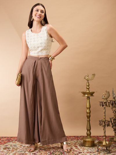 Globus Women Taupe Solid Mid-Rise Pleated Wide Leg Flared Fusion Trousers
