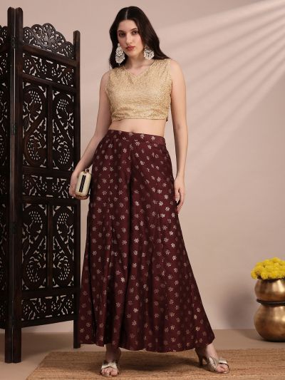 Globus Women Brown Floral Foil Printed Mid Rise Flared Festive Kali Palazzos