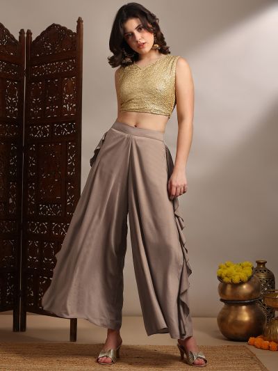 Globus Women Beige Mid Rise Ruffle detail Wide Leg Festive Palazzo