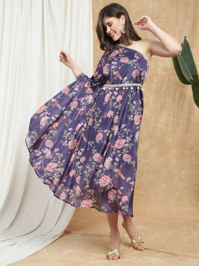 Globus Women Purple Floral Print One Shoulder Kaftan Embellished Tie Up Detail Asymmetric Hem Maxi Dress With Belt