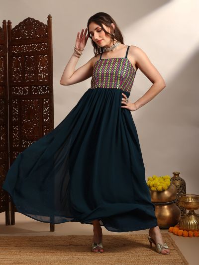 Globus Women Blue Georgette Square Neck Shoulder Strap Embroidered & Mirror Work Detail Tiered Fit and Flare Maxi Dress