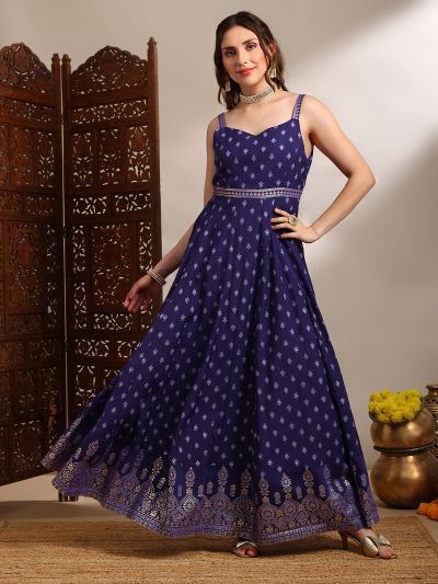 Globus Women Purple Ethnic & Gold Foil Print Sweetheart Neck Shoulder Strap Fit and Flare Maxi Dress
