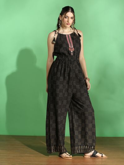 Globus Women Black Ethnic Print Embroidered Halter Neck Tie-Up Sleeve Wide Leg Fusion Jumpsuit 