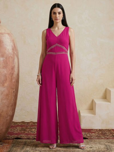 Globus Women Pink V-Neck Sleeveless Embroidered Detail Georgette Flared Festive Jumpsuit