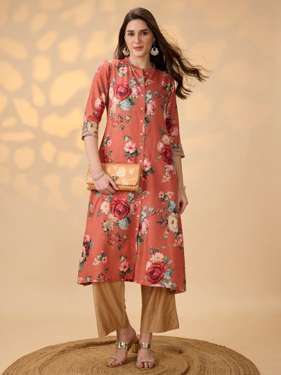 Globus Women Orange Mandarin Collar Embroidered Hem Sleeves Floral Print Button Down A-Line Festive Kurta