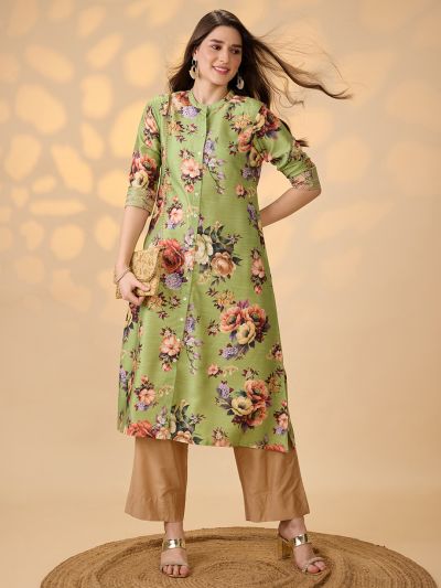 Globus Women Green Mandarin Collar Embroidered Hem Sleeves Floral Print Button Down A-Line Festive Kurta