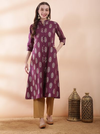 Globus Women Purple Ethnic Floral Gold Foil Print Mandarin Neck Button Down A-Line Festive Kurta 