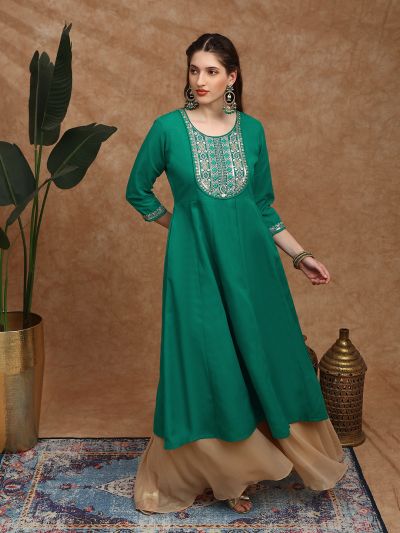 Globus Women Green Zari Embroidered Yoke Panelled Festive Anarkali Kurta