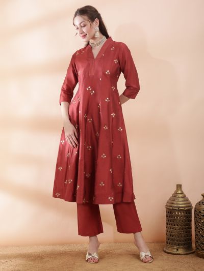 Globus Women Rust V-Neck Sequinned Floral Embroidered Detail Flared Hem Panelled Anarkali Kurta With Pant Festive Set